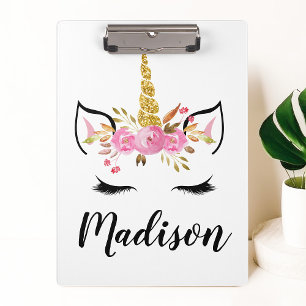 Unicorn Face With Eyelashes Personalised Name Clipboard