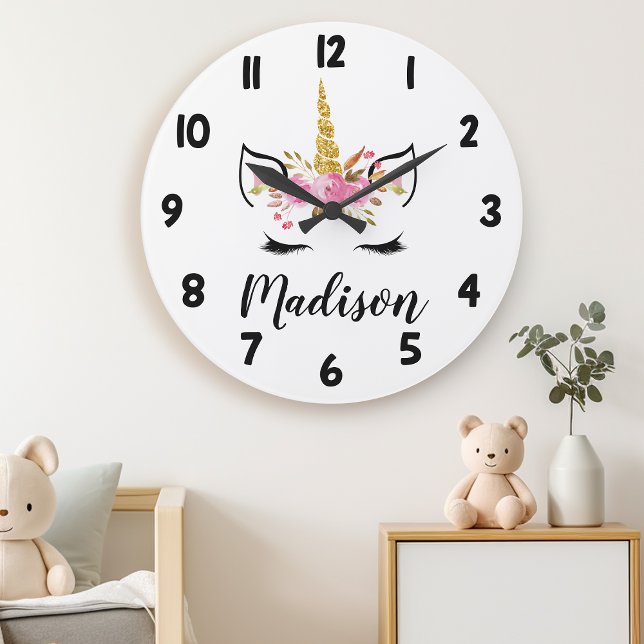 Unicorn Face With Eyelashes Personalised Name Large Clock (Creator Uploaded)