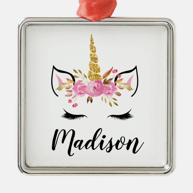 Unicorn Face With Eyelashes Personalised Name Metal Ornament (Front)