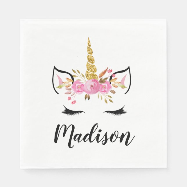 Unicorn Face With Eyelashes Personalised Name Napkin (Front)