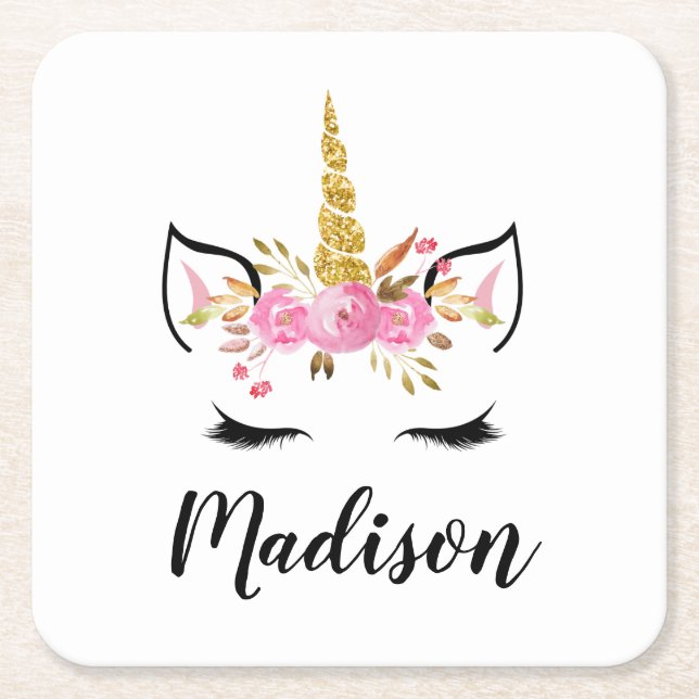 Unicorn Face With Eyelashes Personalised Name Square Paper Coaster (Front)