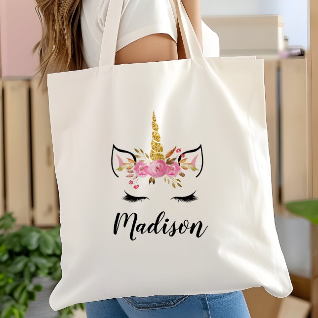 Unicorn Face With Eyelashes Personalised Name Tote Bag (Creator Uploaded)