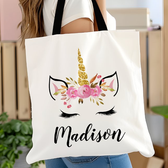 Unicorn Face With Eyelashes Personalised Name Tote Bag (Creator Uploaded)