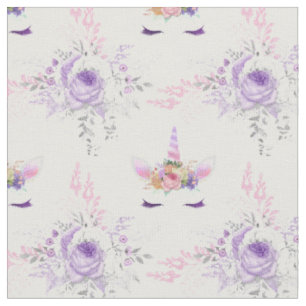 Unicorn Faces with Purple Flowers on White Fabric