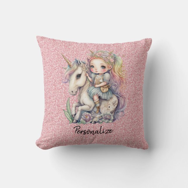 Unicorn Fairy Princess Pink Glitter Fantasy Girly Cushion (Front)