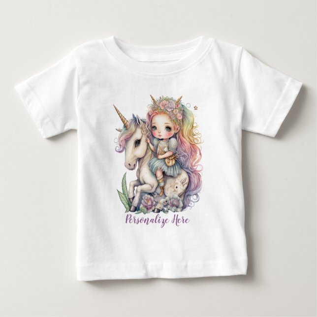 Unicorn Fairy Princess Rainbow Colours Personalise Baby T-Shirt (Front)