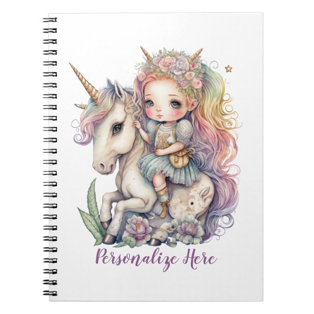 Unicorn Fairy Princess Rainbow Colours Personalise Notebook (Front)