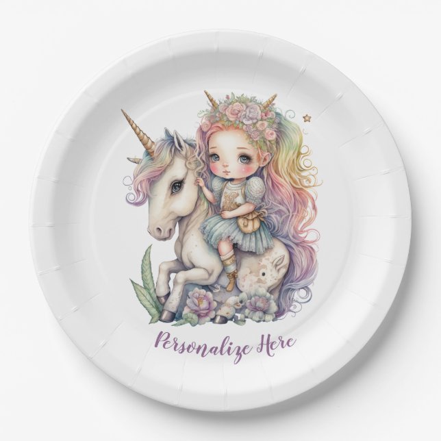 Unicorn Fairy Princess Rainbow Colours Personalise Paper Plate (Front)