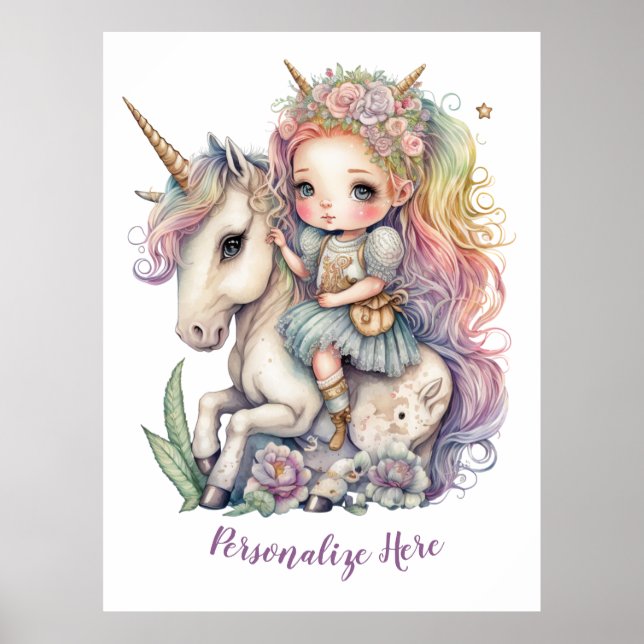 Unicorn Fairy Princess Rainbow Colours Personalise Poster (Front)