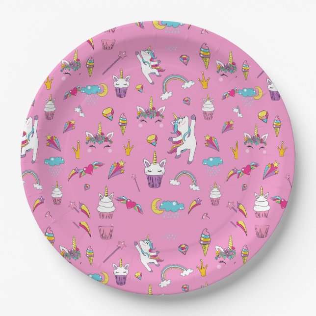 Unicorn Fan Club pattern Pink            Paper Plate (Front)