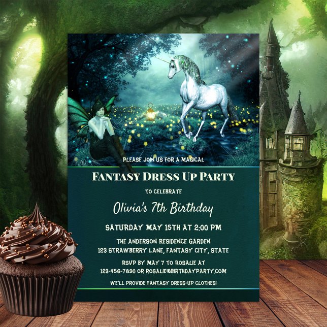 Unicorn Fantasy Dress Up Birthday Party Invitation (A magical birthday party invitation featuring an enchanted garden scene with a fairy and unicorn.)