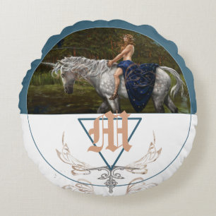 Unicorn fantasy illustration monogram round cushion