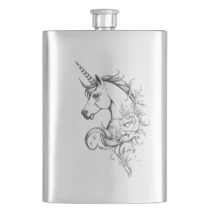 Unicorn Fantasy Wild Animal Illustration Art Tatto Hip Flask