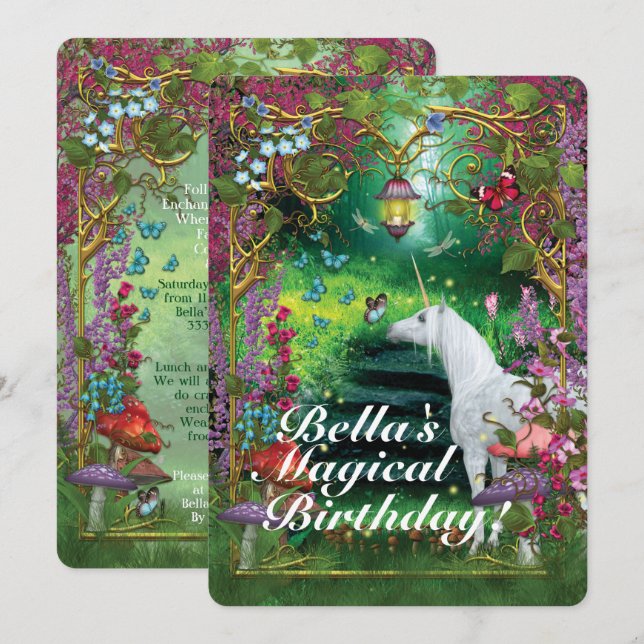 Unicorn Fantasy Woodland Birthday Party Invitation (Front/Back)
