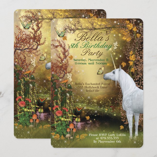 Unicorn Fantasy Woodland Birthday Party Invitation (Front/Back)