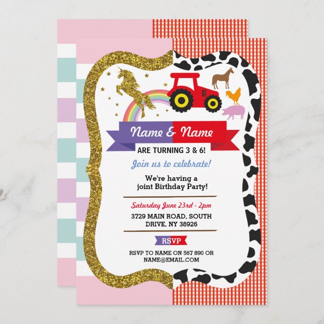 Unicorn & Farm Joint Boy Girl Birthday Farmyard Invitation (Front/Back)