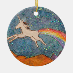 Unicorn farting a rainbow into the sky ceramic ornament