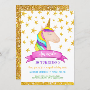 Unicorn Faux Gold Glitter Stars Birthday Invitation