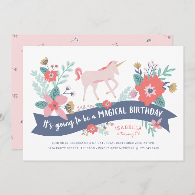 Unicorn Fields Birthday Party Invite (Front/Back)