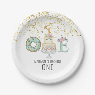 Unicorn First Birthday Gold Aqua Pink Paper Plate