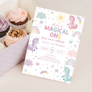 Unicorn First Birthday Invitation. Pastel Rainbow Invitation