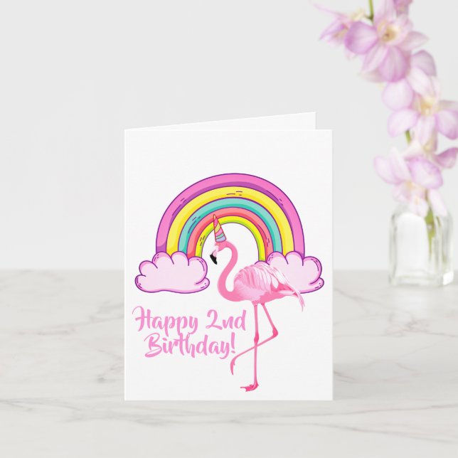 Unicorn Flamingo Magical Rainbow Girl 2nd Birthday Card (Orchid)