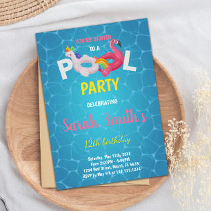 Unicorn Flamingo Pool Birthday Invitations