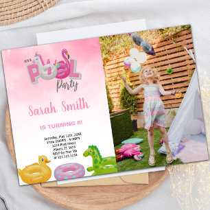 Unicorn Flamingo Pool Birthday Invitations photo