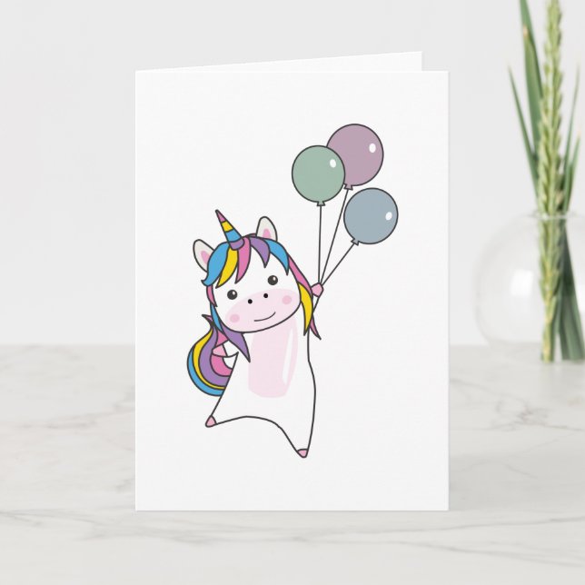 Unicorn Flies With Balloons Above Cute Unicorns Card (Front)