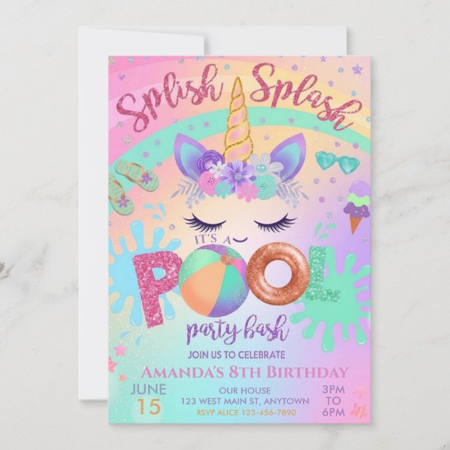 Unicorn Float Splish Splash Pool Party birthday Invitation (Front)