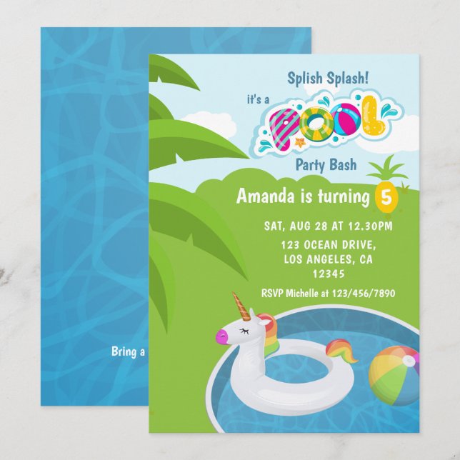 Unicorn Floatie Pool Birthday Party Invitation (Front/Back)