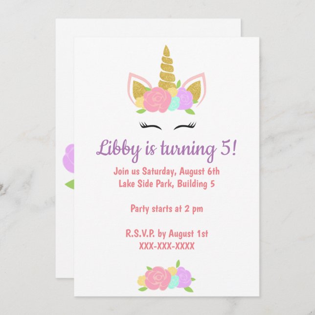 Unicorn Floral Birthday Party Invitation  (Front/Back)