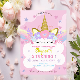 Unicorn Floral Crown Rainbow Hearts Stars Birthday Invitation