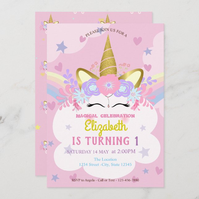 Unicorn Floral Crown Rainbow Hearts Stars Birthday Invitation (Front/Back)