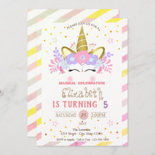 Unicorn Floral Crown, Striped Birthday Invitation
