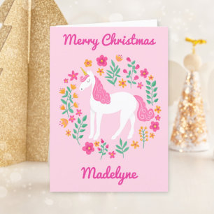 Unicorn Floral Cute Pink Merry Christmas Holiday Card
