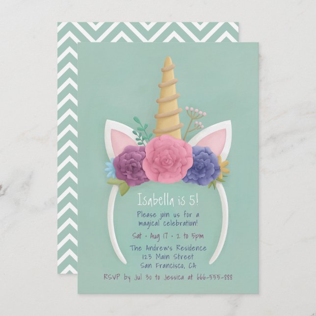 Unicorn Floral Hairband Girls Birthday Party Invitation (Front/Back)