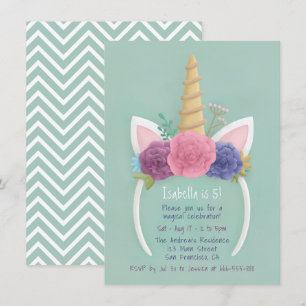 Unicorn Floral Hairband Girls Birthday Party Invitation