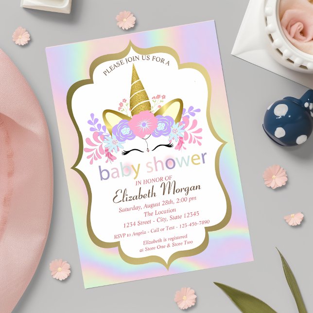 Unicorn,Floral,Holographic Baby Shower Invitation (Creator Uploaded)