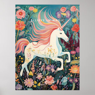 unicorn floral magical believe kid's room poster