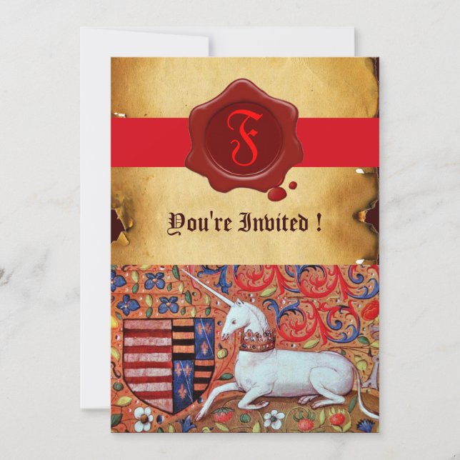 UNICORN FLORAL PARCHMENT RED WAX SEAL MONOGRAM INVITATION (Front)