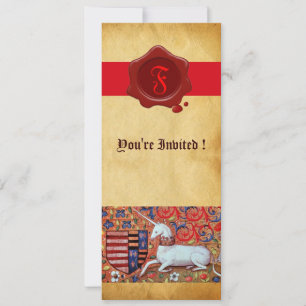 UNICORN FLORAL PARCHMENT RED WAX SEAL MONOGRAM INVITATION
