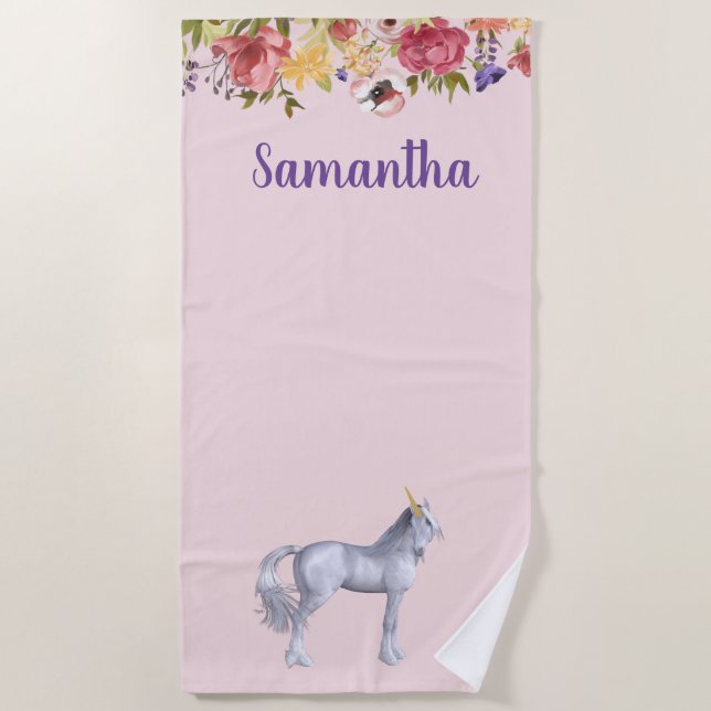 Unicorn Floral Personalised Name Beach Towel (Front)