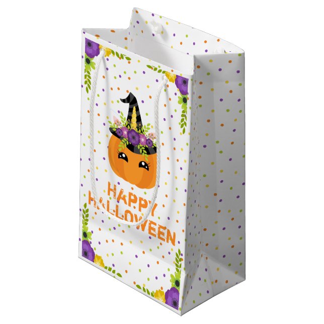 Unicorn Floral Pumpkin Happy Halloween White Small Gift Bag (Front Angled)
