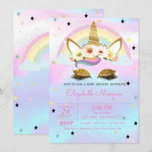 Unicorn Floral Rainbow Holographic Baby Shower Invitation
