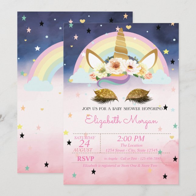 Unicorn Floral Rainbow Ombre Baby Shower Invitation (Front/Back)