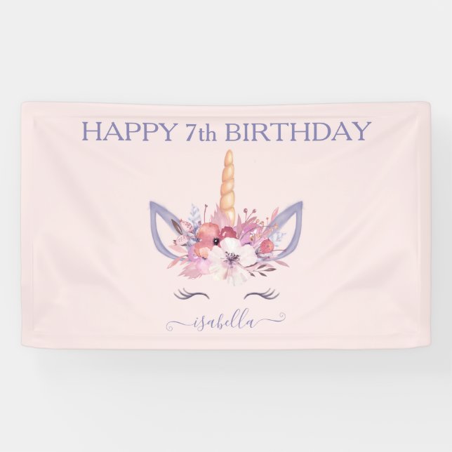 Unicorn floral watercolor birthday  banner (Horizontal)