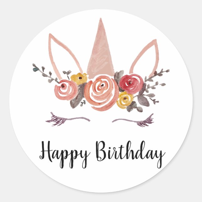 Unicorn Flower Crown Happy Birthday Party Stickers (Front)