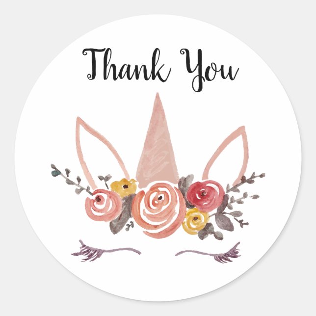 Unicorn Flower Crown Thank You Party Stickers (Front)