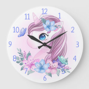 Unicorn, Flowers and Butterflies Large Clock